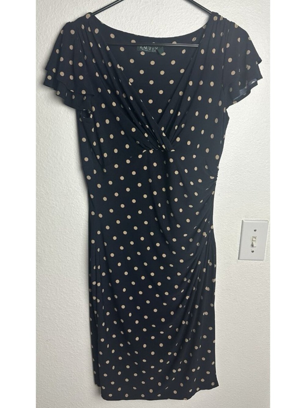 Lauren Ralph Faux Wrap Dress Size 8 Navy Blue & Tan Polka Dot Flutter Sleeves - Picture 2 of 11